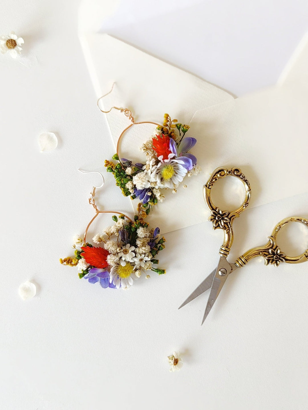 Folk Meadow Flower Circle Earrings: Garden Wedding Jewelry – handmade floral hair accessory by magaela