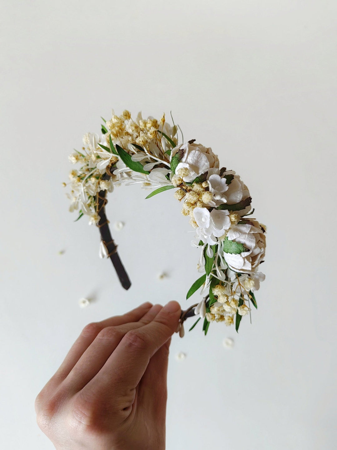 First Holy Communion Flower Headband: White Peonies, Floral Girl Accessory – handmade floral hair accessory by magaela