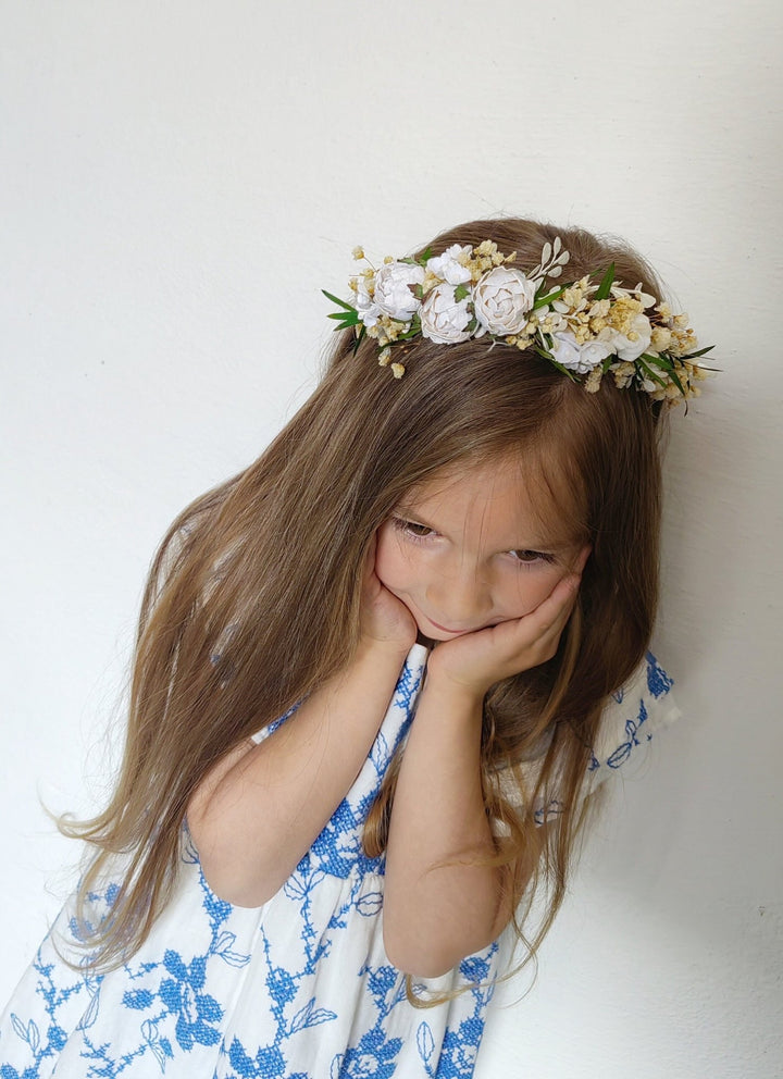 First Holy Communion Flower Headband: White Peonies, Floral Girl Accessory – handmade floral hair accessory by magaela