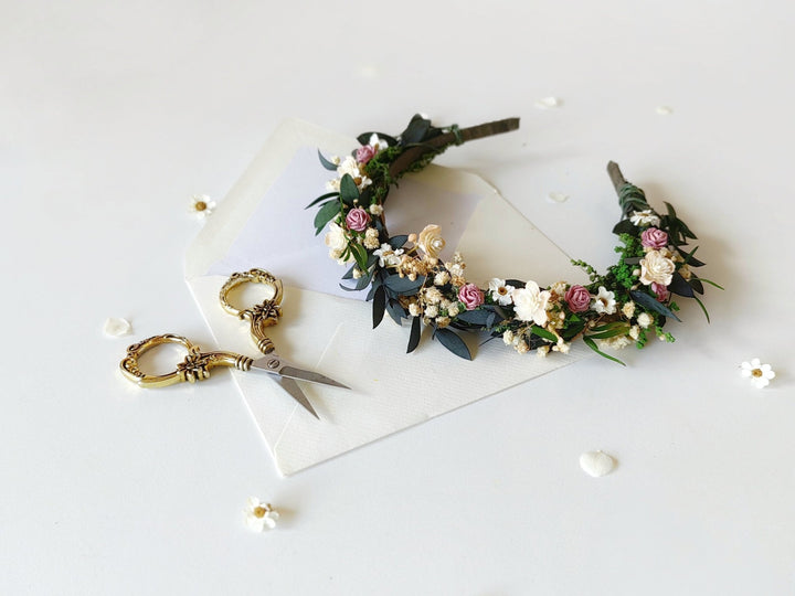 Pink Rose Floral Headband: Romantic Bridal Flower Crown – handmade floral hair accessory by magaela