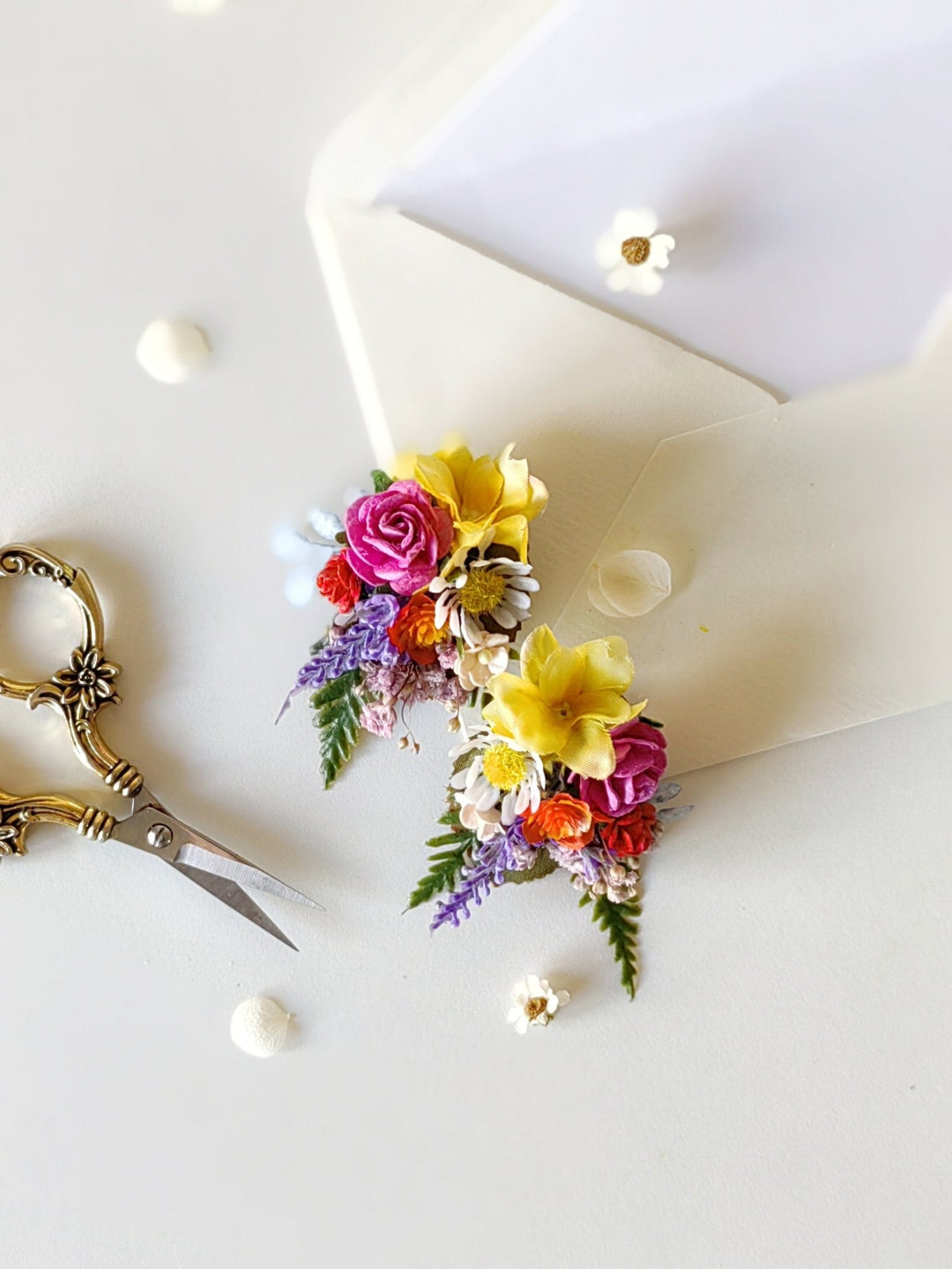 Colorful Flower Stud Earrings: Boho Wedding Jewelry – handmade floral hair accessory by magaela