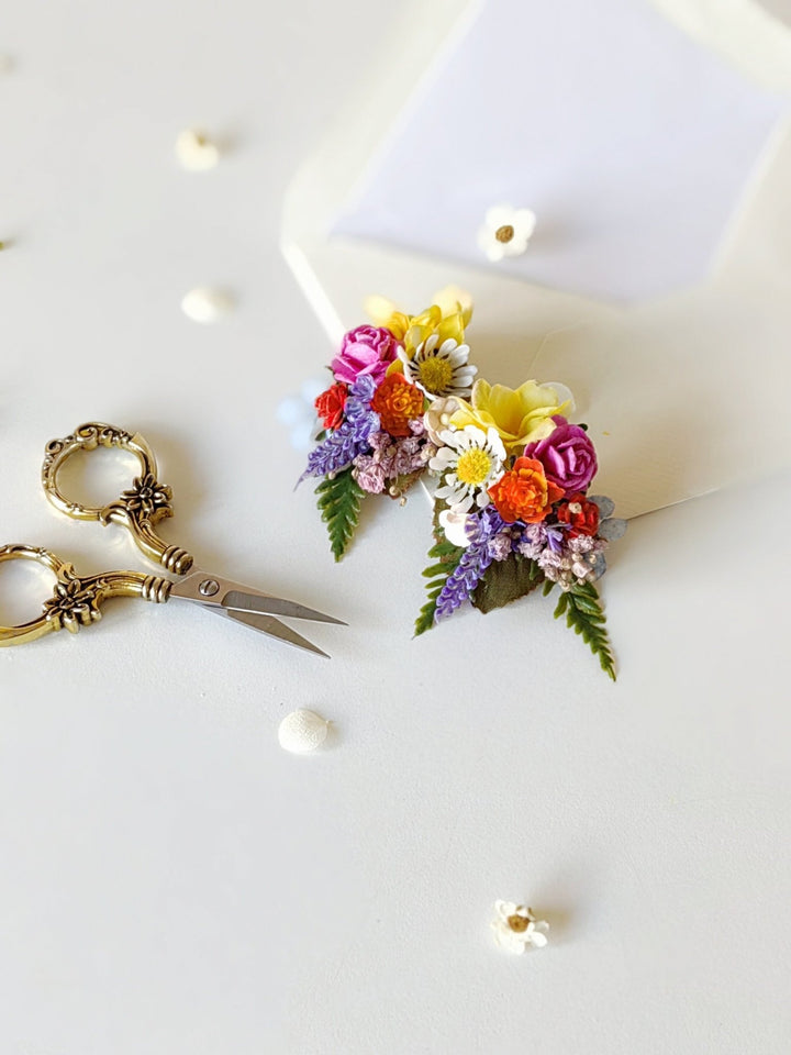 Colorful Flower Stud Earrings: Boho Wedding Jewelry – handmade floral hair accessory by magaela