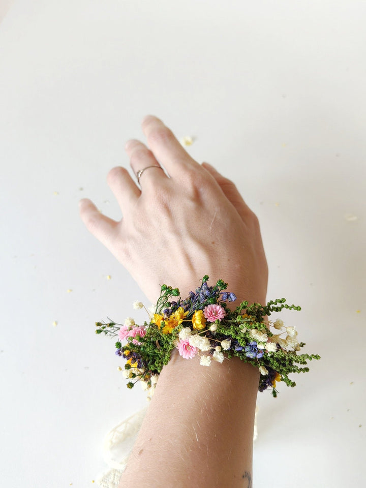 Meadow Flower Bracelet: Bridal Rainbow Floral Jewelry – handmade floral hair accessory by magaela
