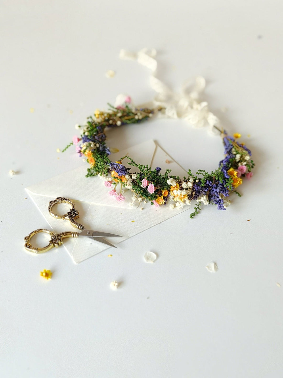 Meadowy Flower Half Wreath: Cottagecore Bridal Hair Accessory – handmade floral hair accessory by magaela