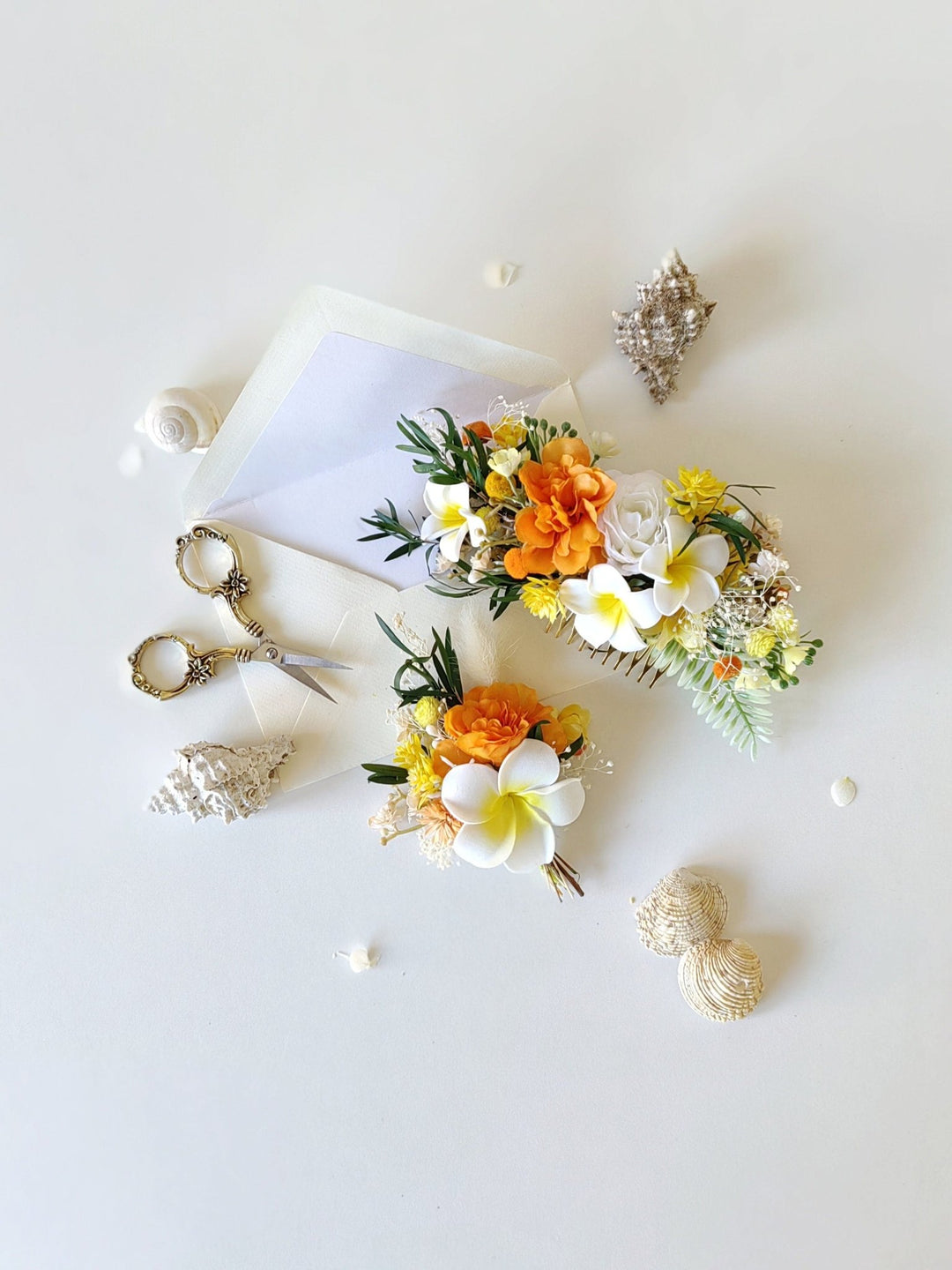 Plumeria Hair Comb & Boutonniere Set: Tropical Beach Wedding – handmade floral hair accessory by magaela