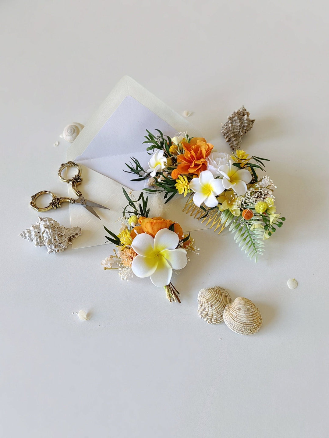 Plumeria Hair Comb & Boutonniere Set: Tropical Beach Wedding – handmade floral hair accessory by magaela