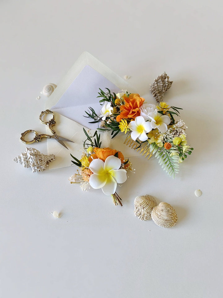 Plumeria Hair Comb & Boutonniere Set: Tropical Beach Wedding – handmade floral hair accessory by magaela