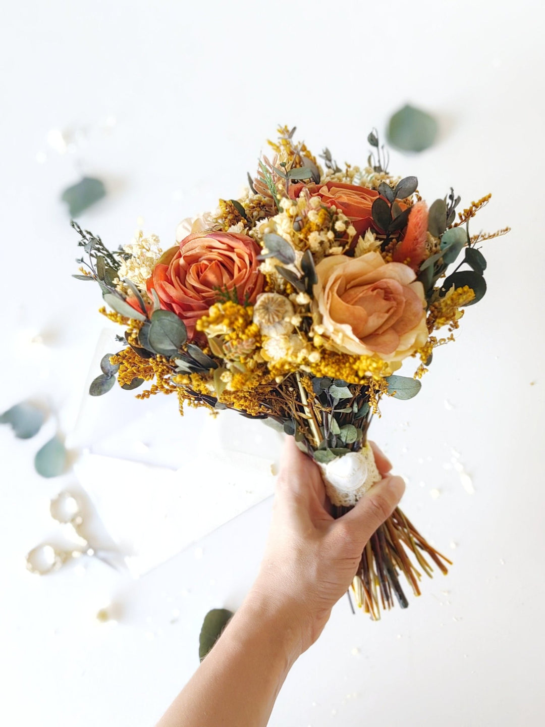 Terracotta Bridal Bouquet: Rustic Autumn Boho Wedding Flowers – handmade floral hair accessory by magaela