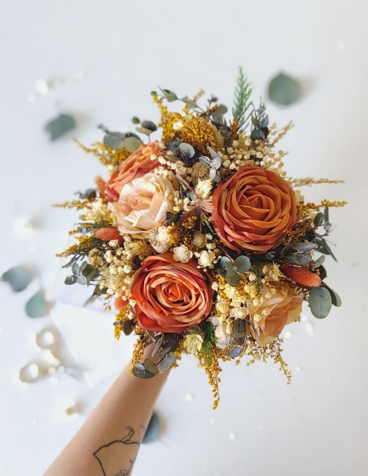 Terracotta Bridal Bouquet: Rustic Autumn Boho Wedding Flowers – handmade floral hair accessory by magaela