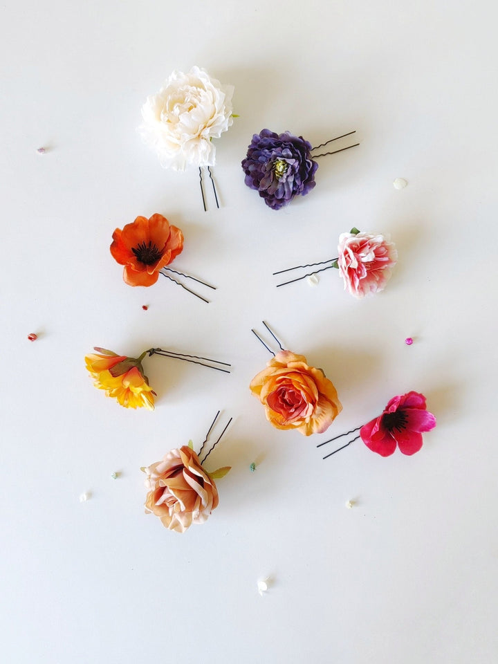 Frida Flower Hairpins: Colorful Boho Wedding Hair Accessories – handmade floral hair accessory by magaela