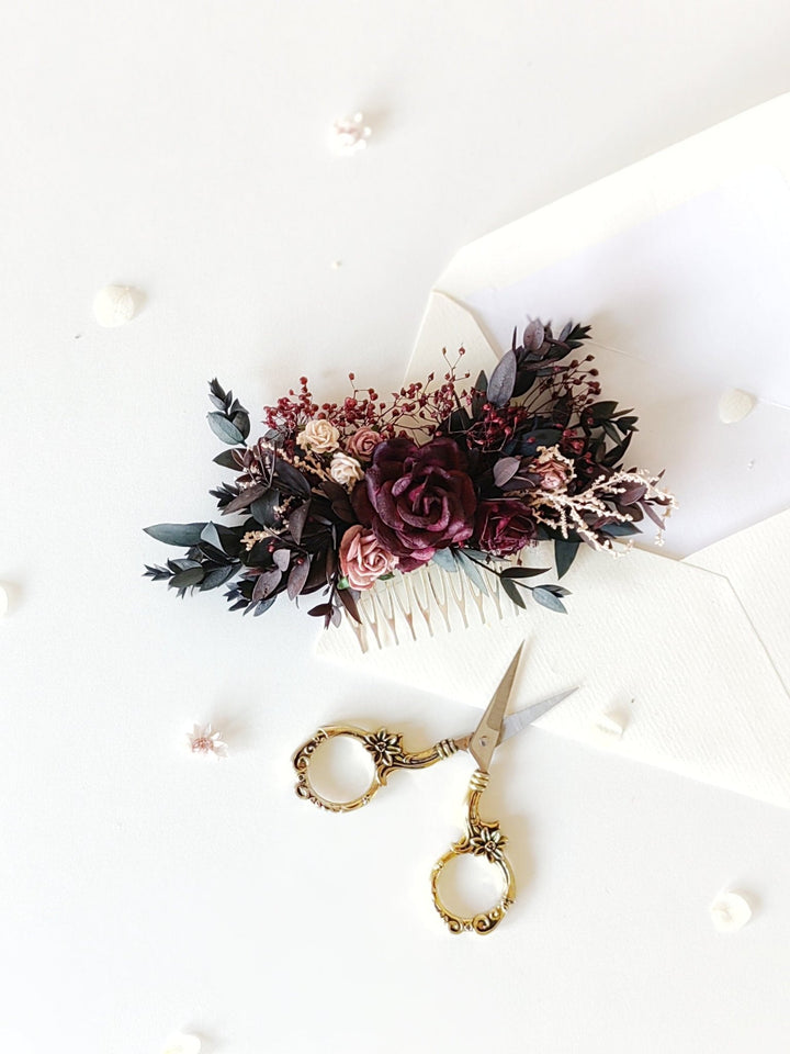 Burgundy Flower Hair Comb: Rustic Autumn Wedding Headpiece – handmade floral hair accessory by magaela