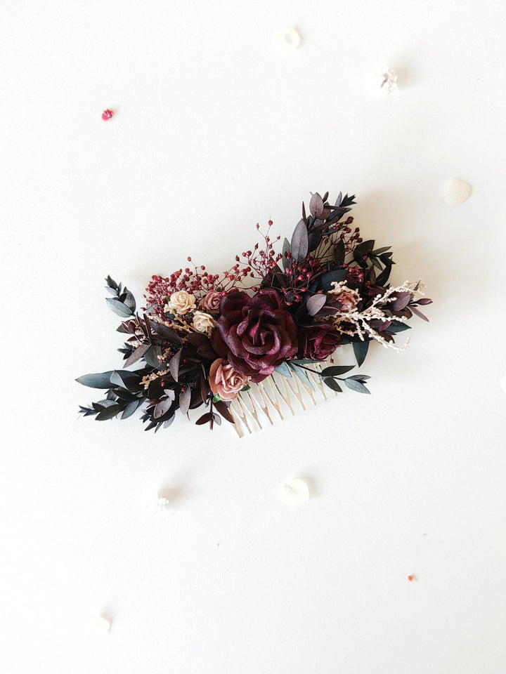 Burgundy Flower Hair Comb: Rustic Autumn Wedding Headpiece – handmade floral hair accessory by magaela