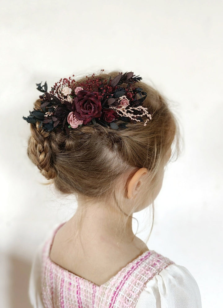 Burgundy Flower Hair Comb: Rustic Autumn Wedding Headpiece – handmade floral hair accessory by magaela