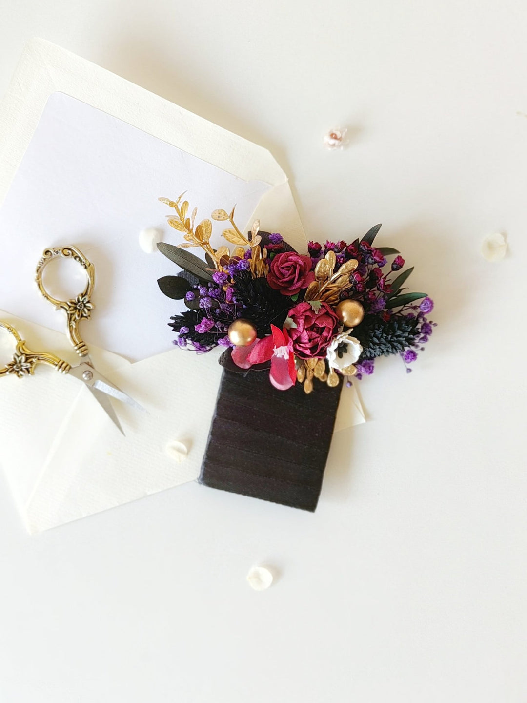 Burgundy Flower Boutonniere: Dark Gothic Wedding Corsage – handmade floral hair accessory by magaela