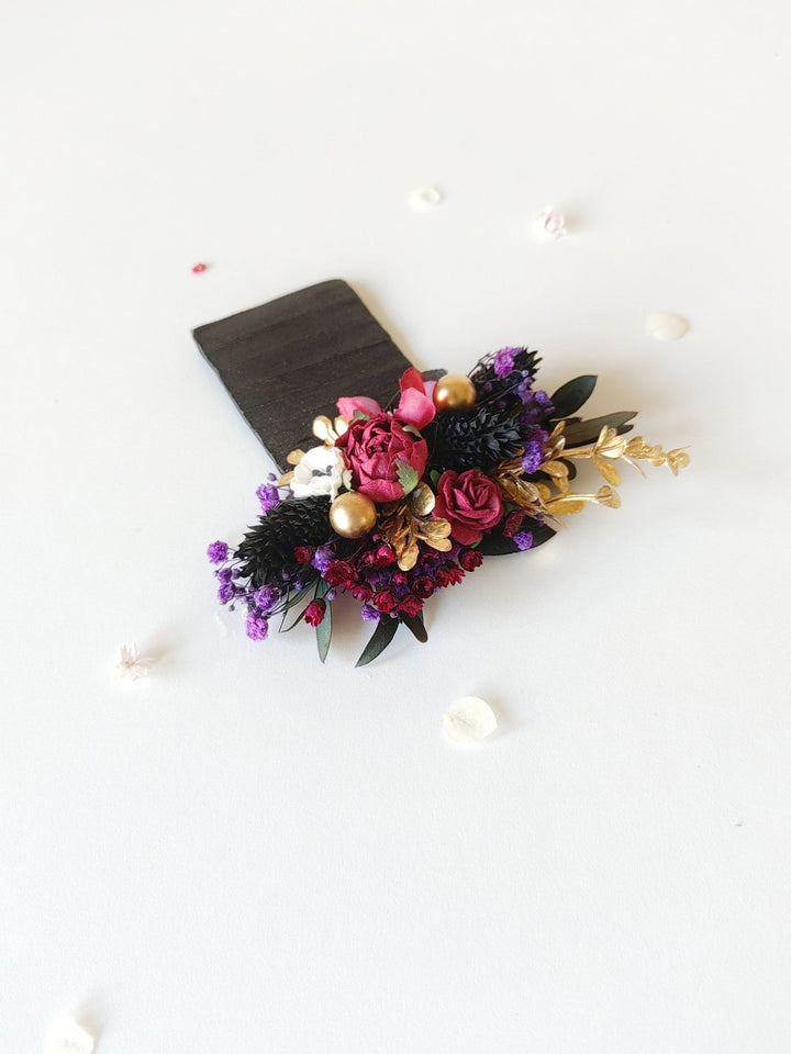 Burgundy Flower Boutonniere: Dark Gothic Wedding Corsage – handmade floral hair accessory by magaela