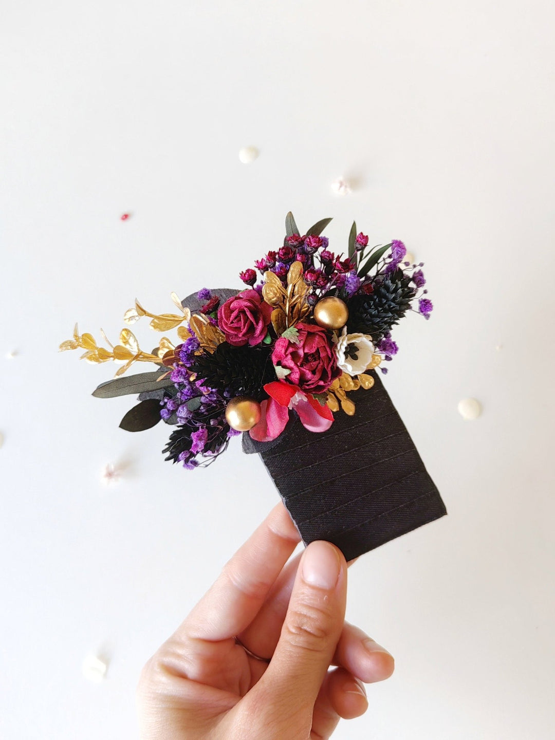 Burgundy Flower Boutonniere: Dark Gothic Wedding Corsage – handmade floral hair accessory by magaela