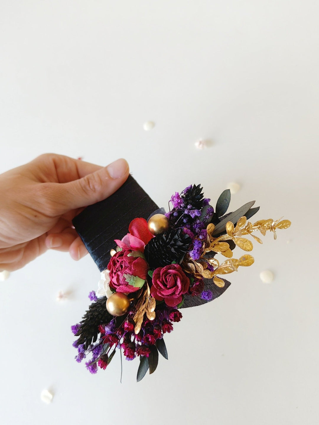 Burgundy Flower Boutonniere: Dark Gothic Wedding Corsage – handmade floral hair accessory by magaela