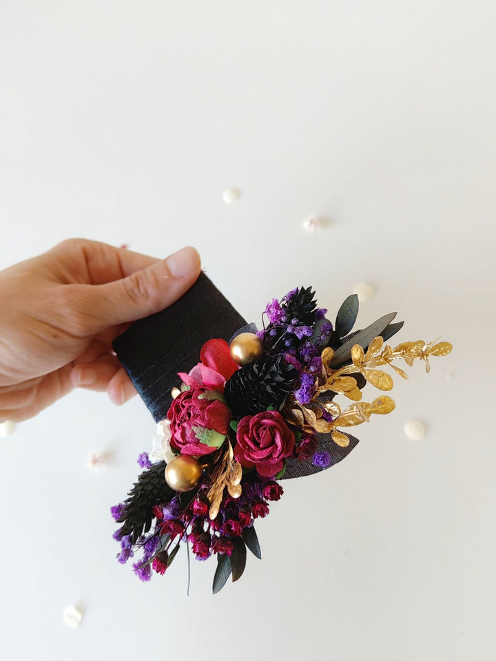 Burgundy Flower Boutonniere: Dark Gothic Wedding Corsage – handmade floral hair accessory by magaela
