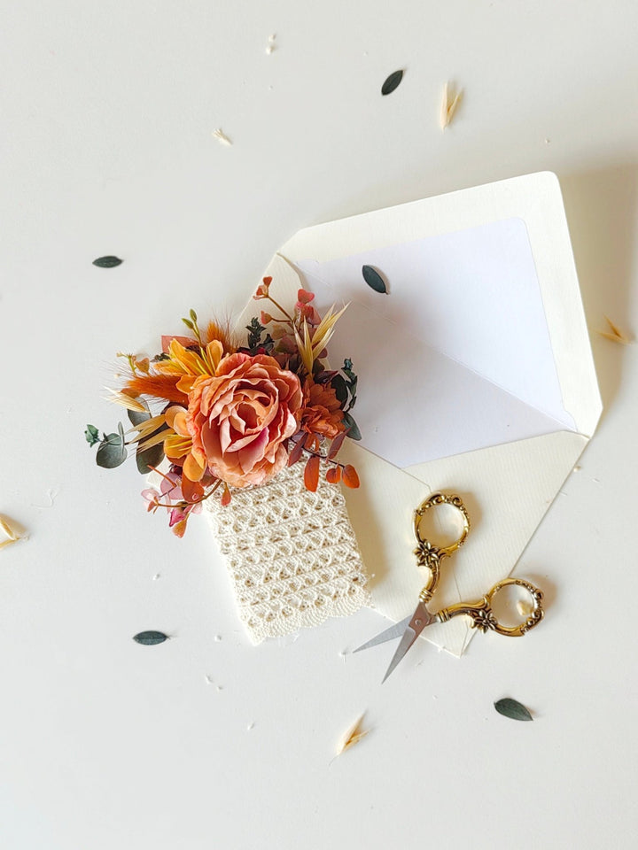 Terracotta Wedding Boutonniere: Rustic Orange Pocket Corsage – handmade floral hair accessory by magaela