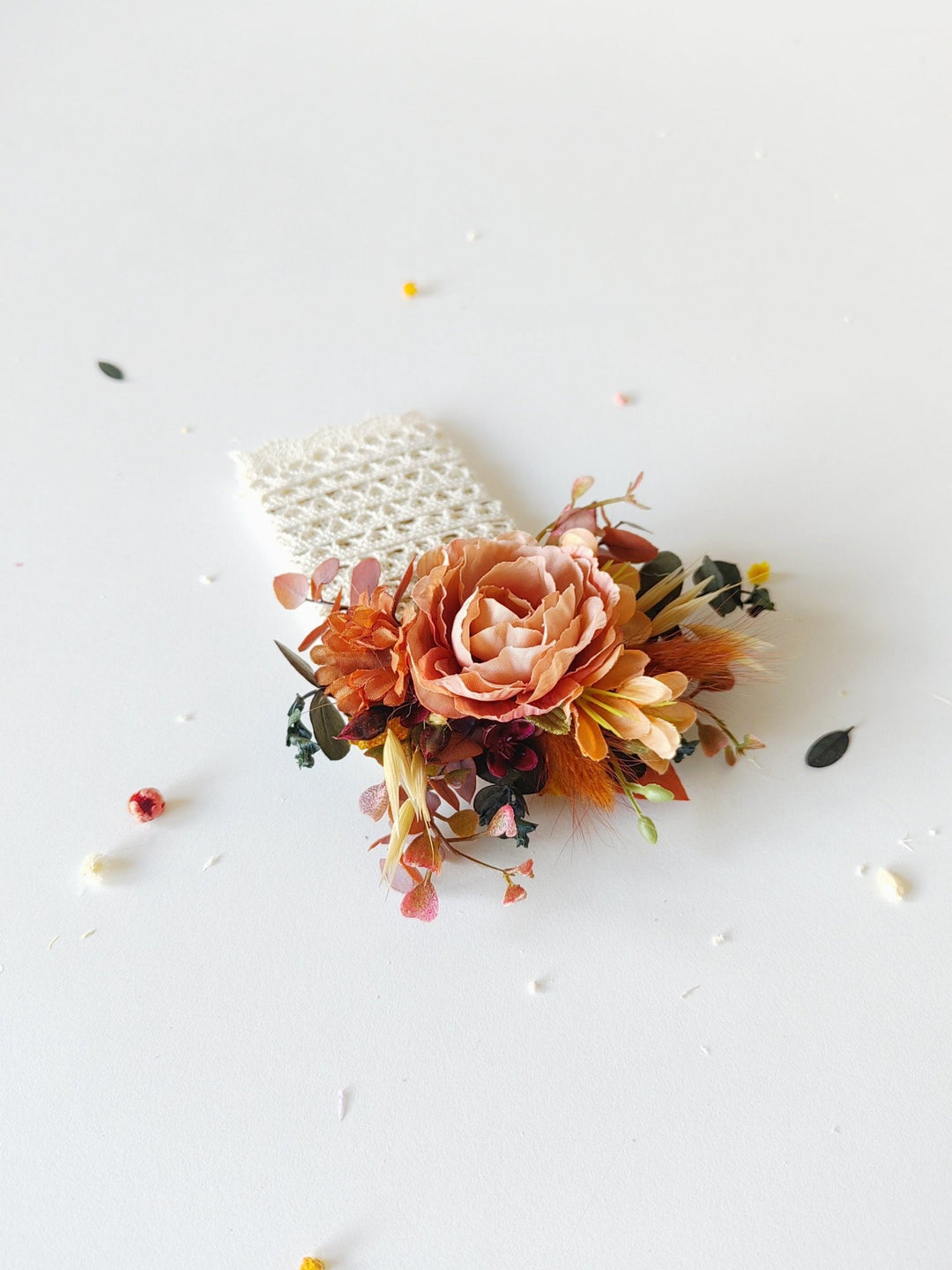Terracotta Wedding Boutonniere: Rustic Orange Pocket Corsage – handmade floral hair accessory by magaela