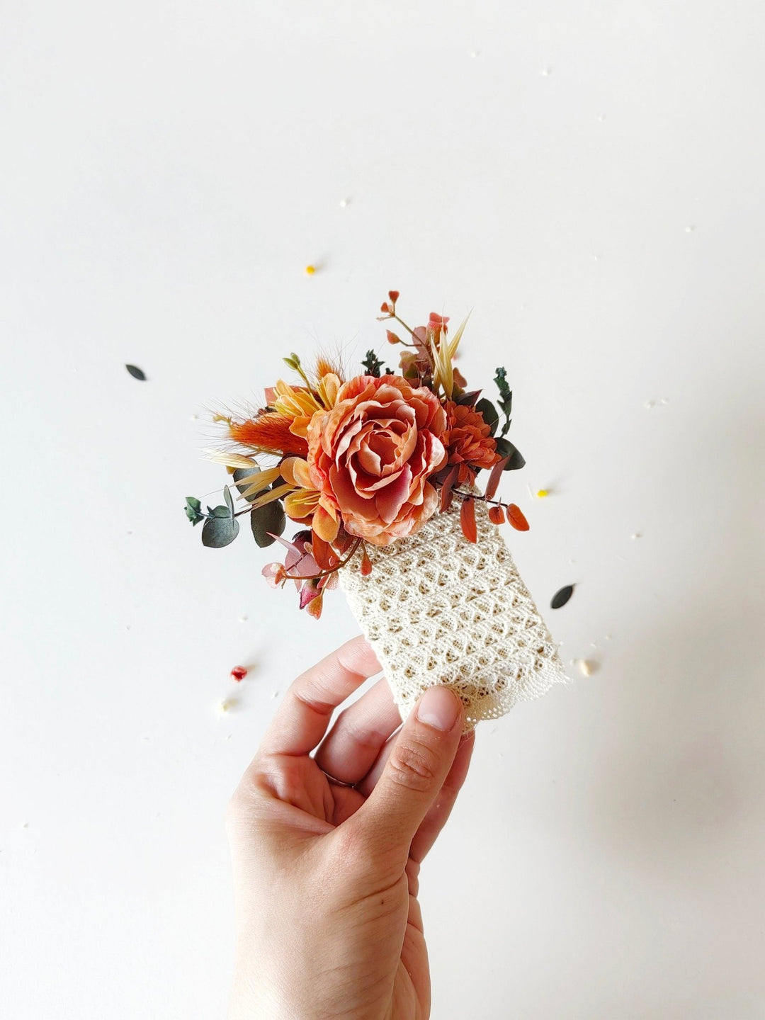 Terracotta Wedding Boutonniere: Rustic Orange Pocket Corsage – handmade floral hair accessory by magaela