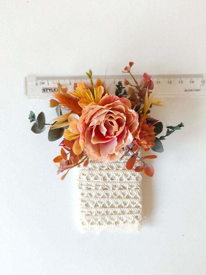 Terracotta Wedding Boutonniere: Rustic Orange Pocket Corsage – handmade floral hair accessory by magaela