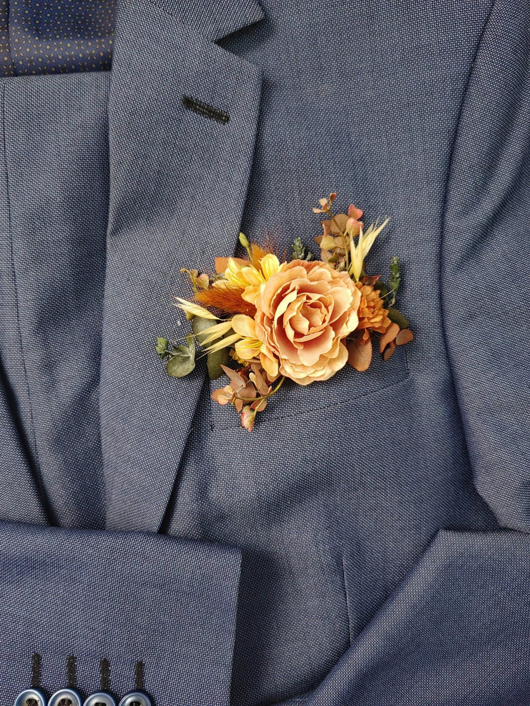 Terracotta Wedding Boutonniere: Rustic Orange Pocket Corsage – handmade floral hair accessory by magaela