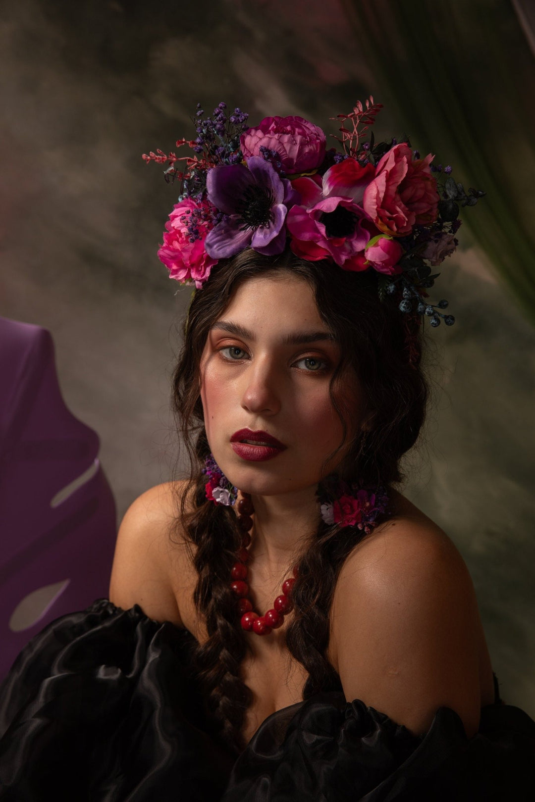 Magenta flower headband: Frida headpiece – handmade floral hair accessory by magaela