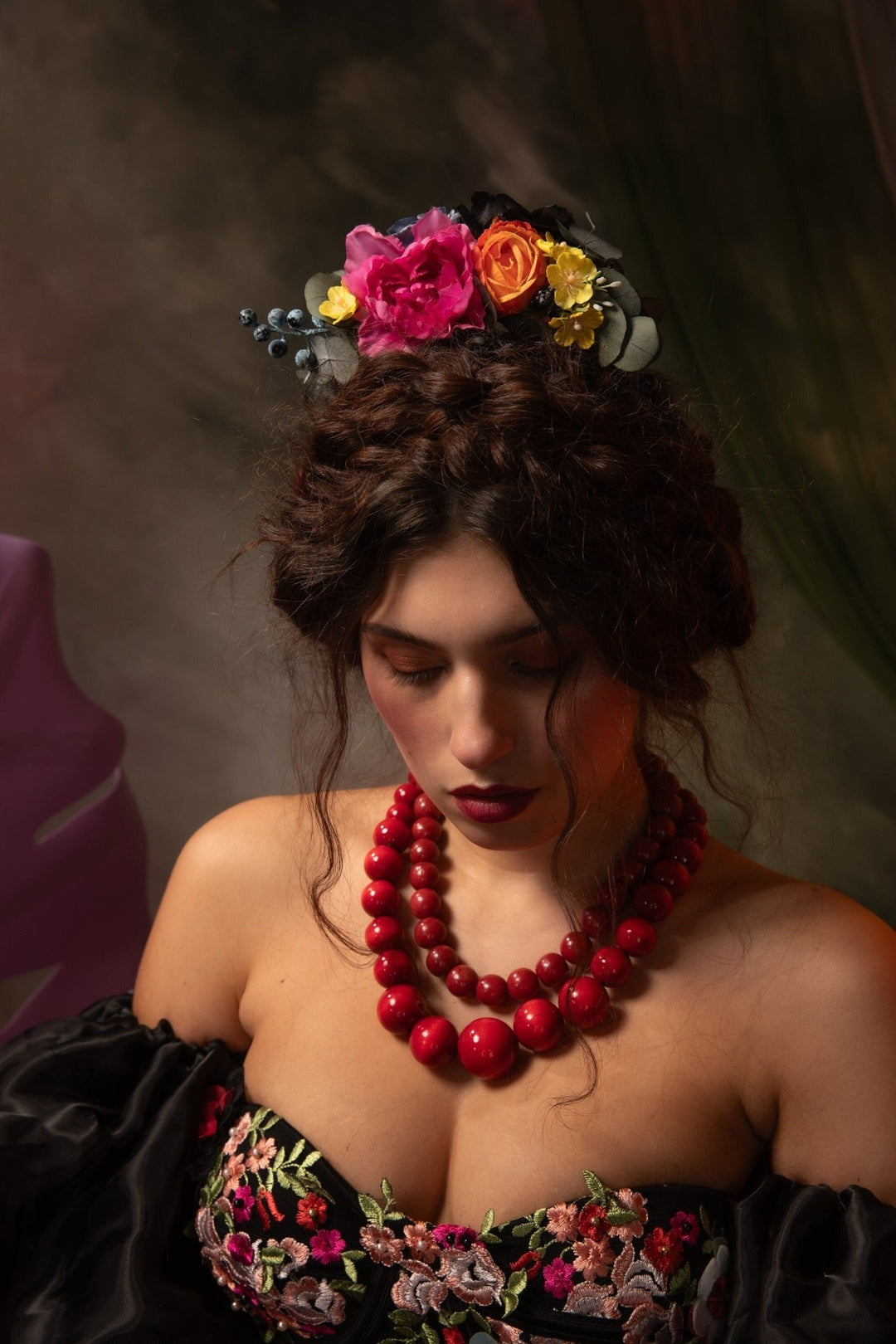 Frida Colorful Flower Headpiece: Summer wedding headband – handmade floral hair accessory by magaela