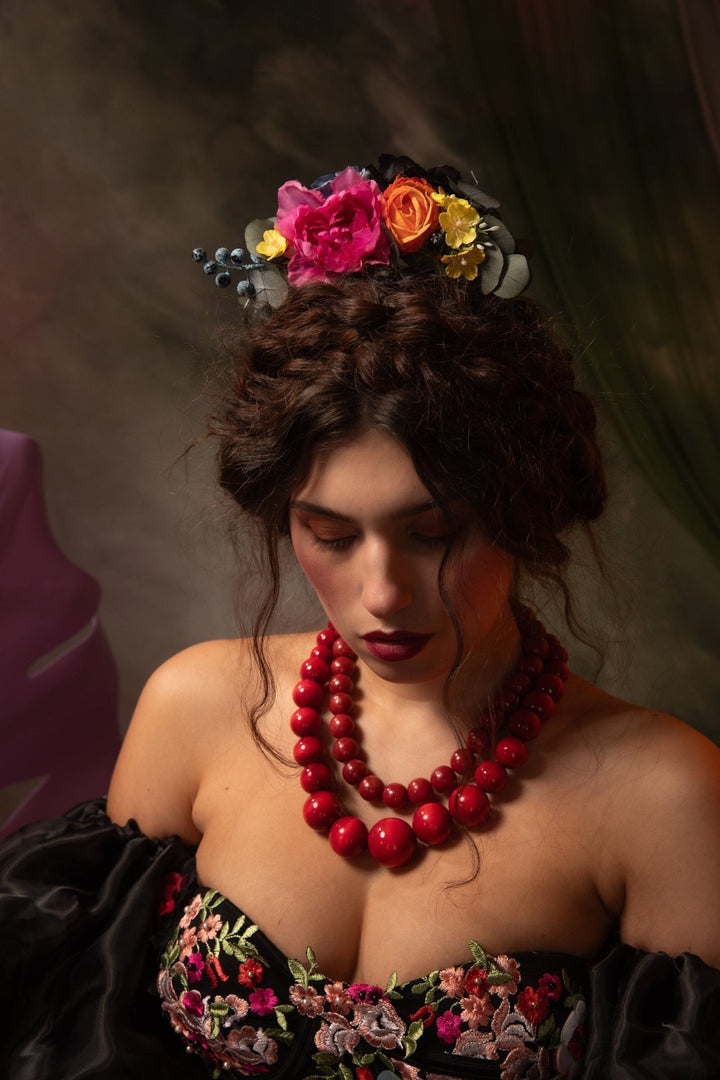 Frida Colorful Flower Headpiece: Summer wedding headband – handmade floral hair accessory by magaela