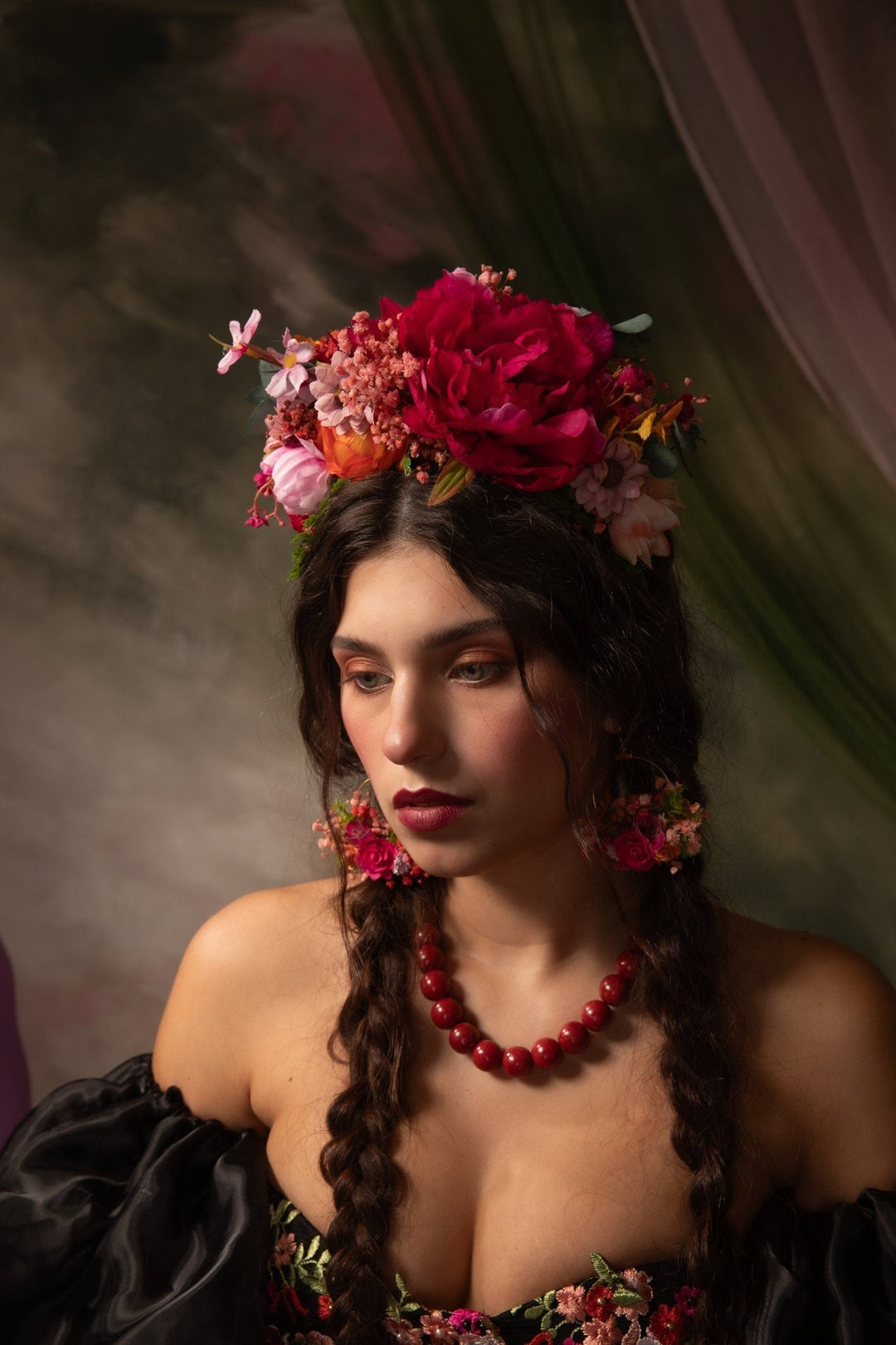 Magenta Frida Flower Headband – Mexican Flower Crown, Boho Wedding Hairpiece, Colorful Floral Headband – handmade floral hair accessory by magaela