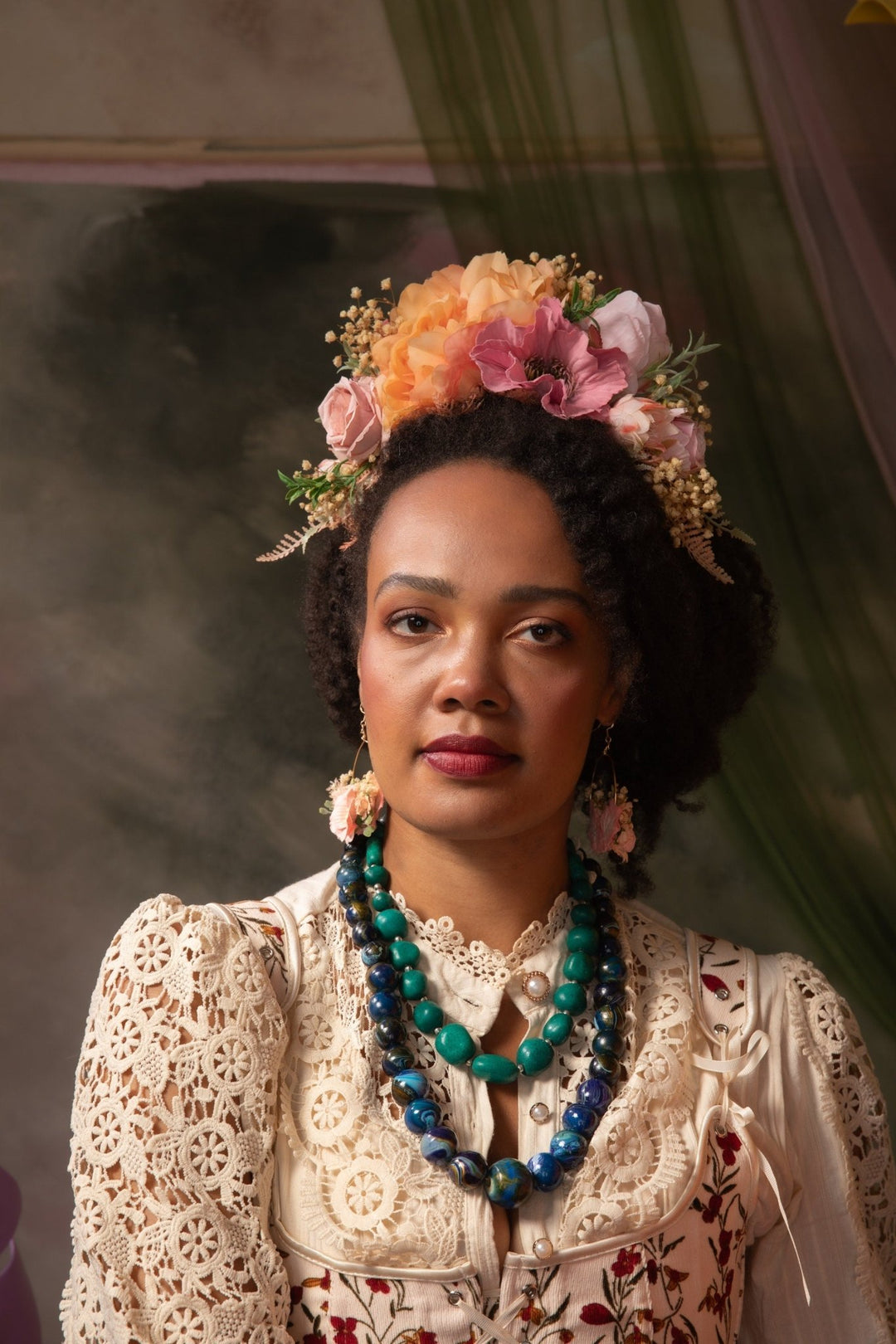 Peach fuzz and pink FRIDA headband: Double sided headband Magaela – handmade floral hair accessory by magaela