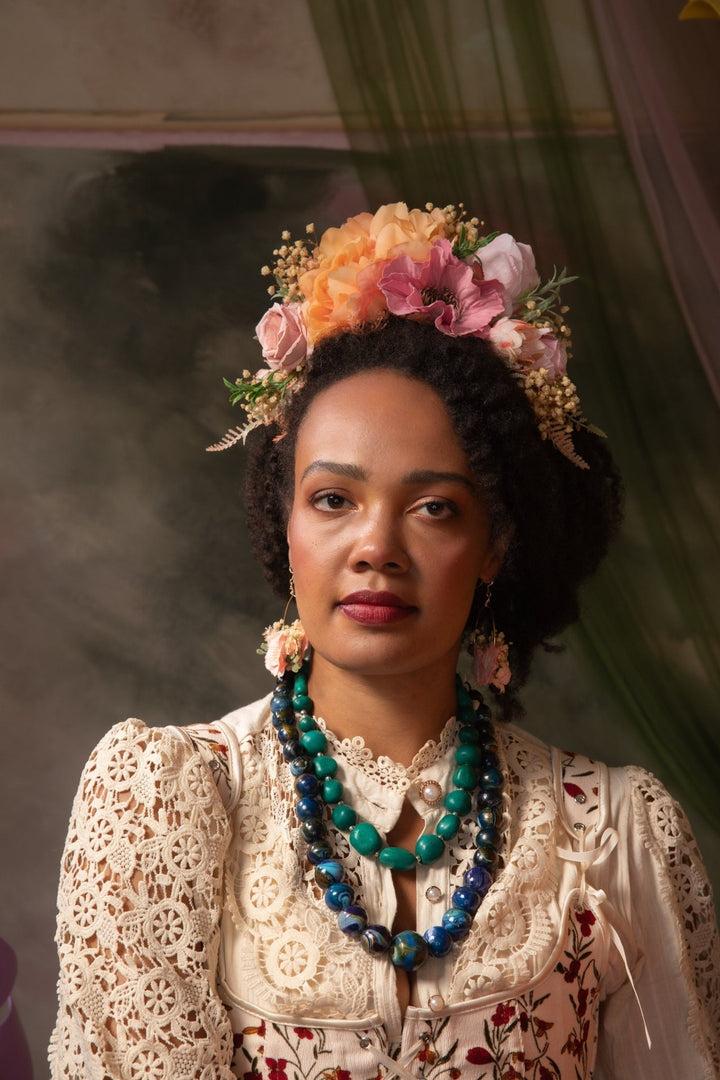 Peach fuzz and pink FRIDA headband: Double sided headband Magaela – handmade floral hair accessory by magaela