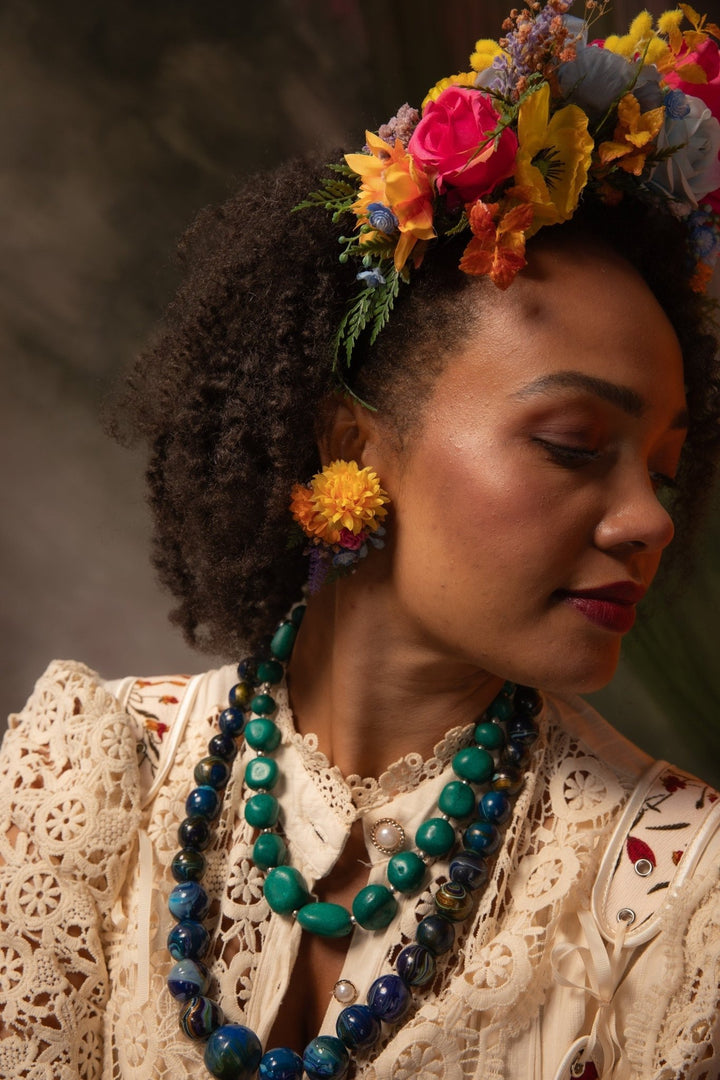 Colorful Flower Stud Earrings: Frida Style Wedding Jewelry – handmade floral hair accessory by magaela