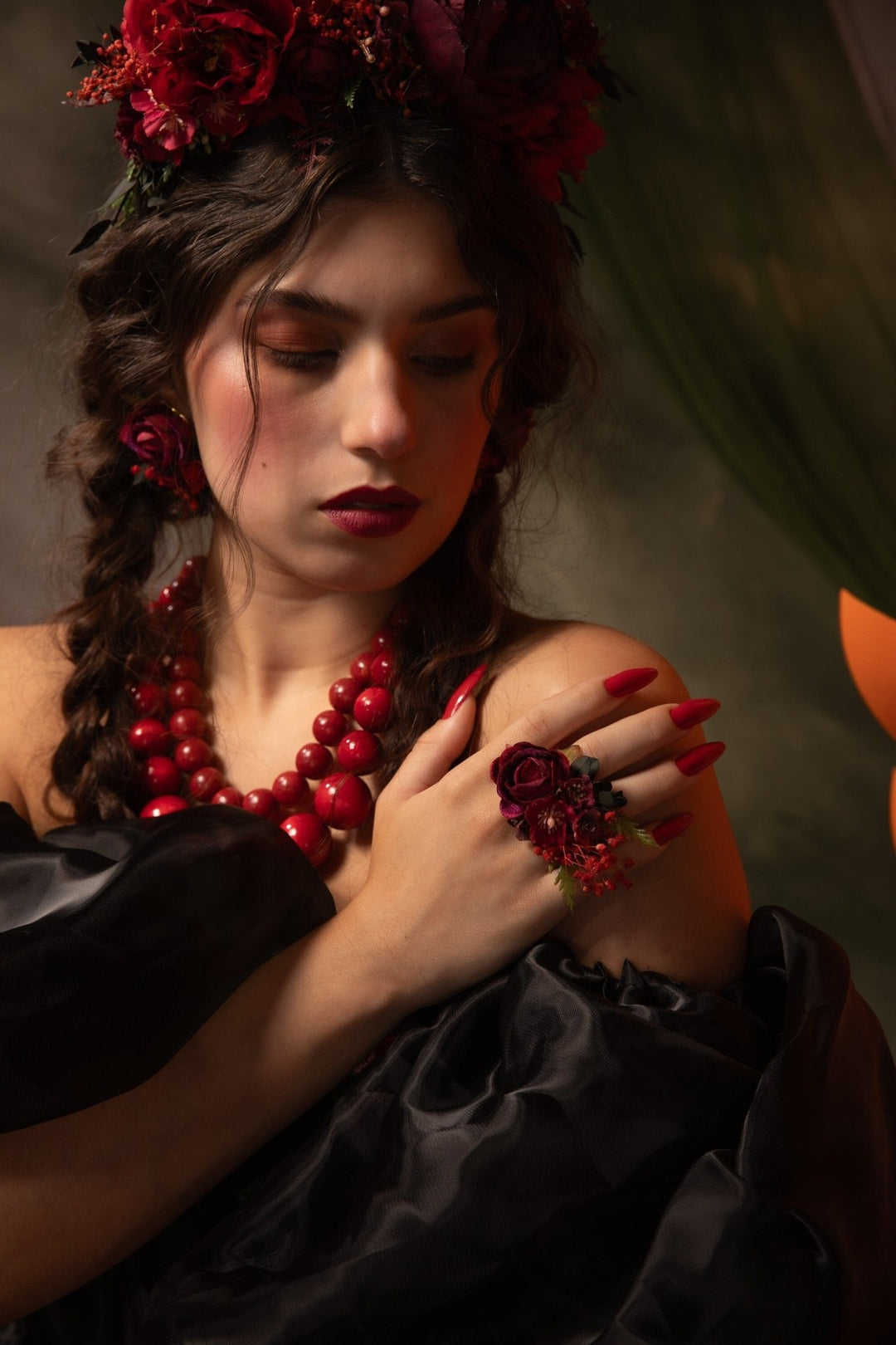 Burgundy Flower Ring: Boho Frida Style Floral Jewelry – handmade floral hair accessory by magaela