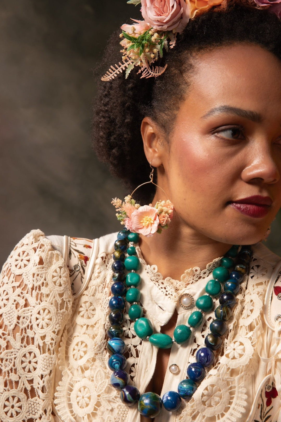 Peach Fuzz Flower Earrings: Circle Wedding Jewelry – handmade floral hair accessory by magaela