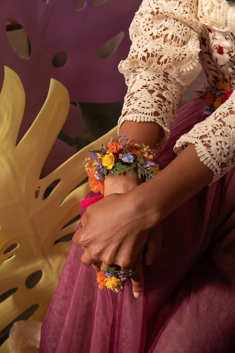 Colorful Flower Bracelet: Boho Wedding Wrist Corsage – handmade floral hair accessory by magaela