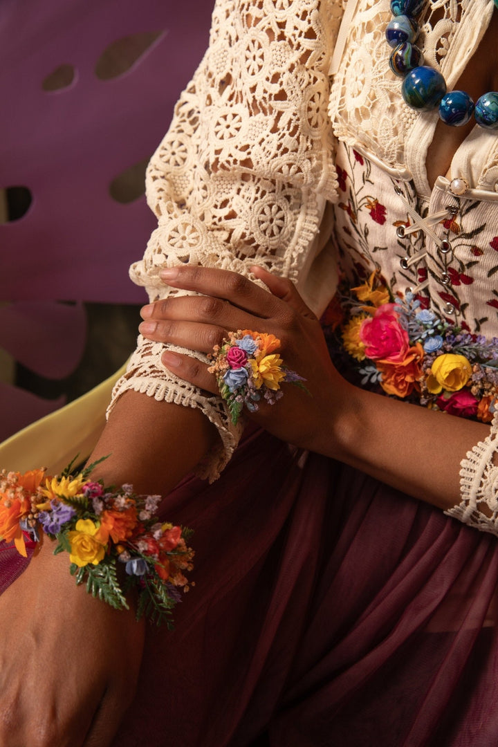 Boho Flower Ring: Colorful Wildflower Jewelry, Adjustable Band – handmade floral hair accessory by magaela