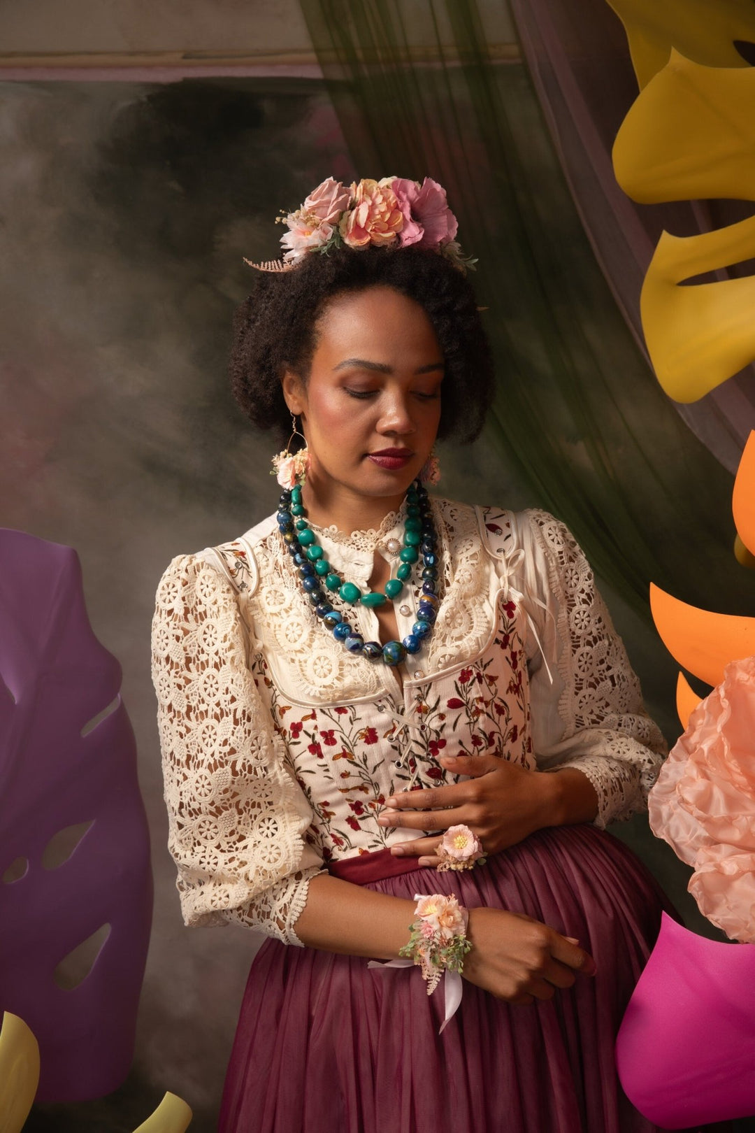 Peach fuzz and pink FRIDA headband: Double sided headband Magaela – handmade floral hair accessory by magaela