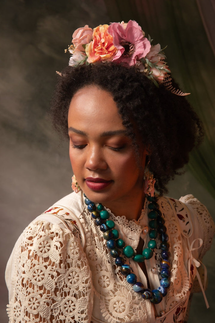 Peach fuzz and pink FRIDA headband: Double sided headband Magaela – handmade floral hair accessory by magaela