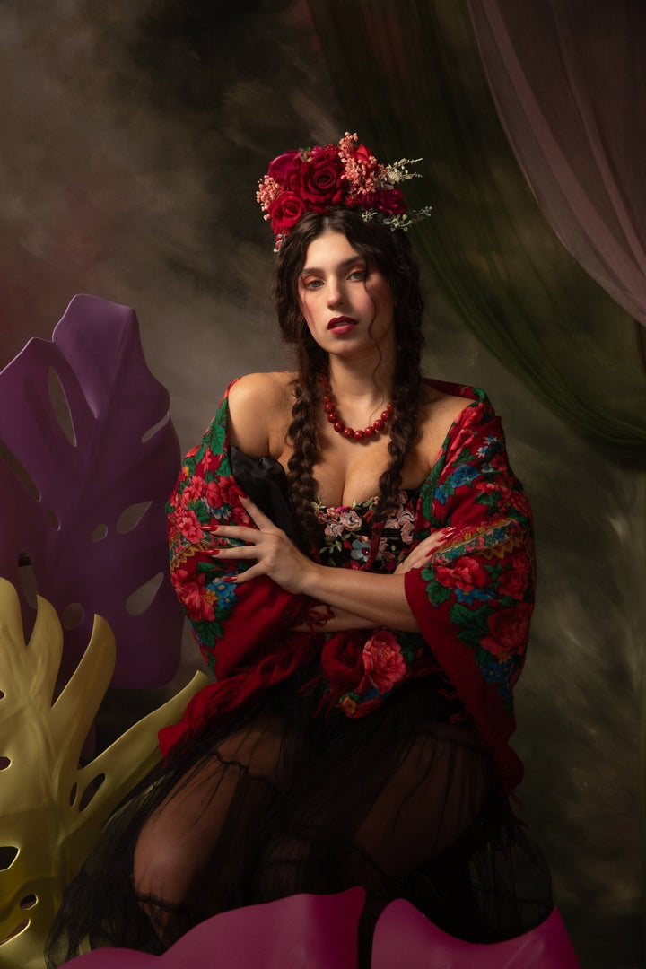 Red & Fuchsia Rose Flower Headband: Frida Inspired Bridal Headpiece – handmade floral hair accessory by magaela