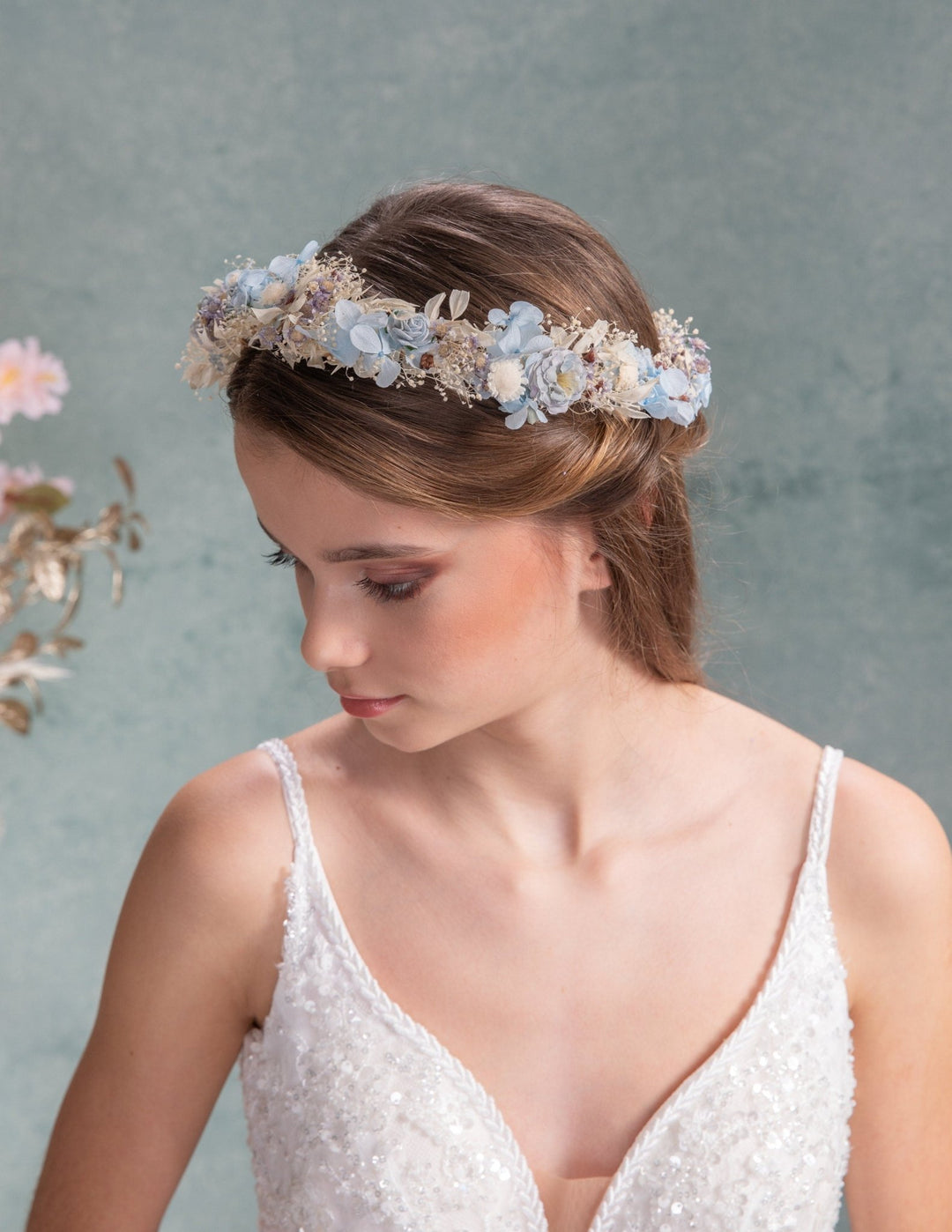 Baby Blue Hydrangea Bridal Wreath: Romantic Flower Hair Crown – handmade floral hair accessory by magaela