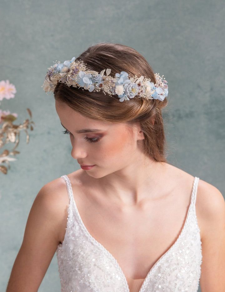 Baby Blue Hydrangea Bridal Wreath: Romantic Flower Hair Crown – handmade floral hair accessory by magaela