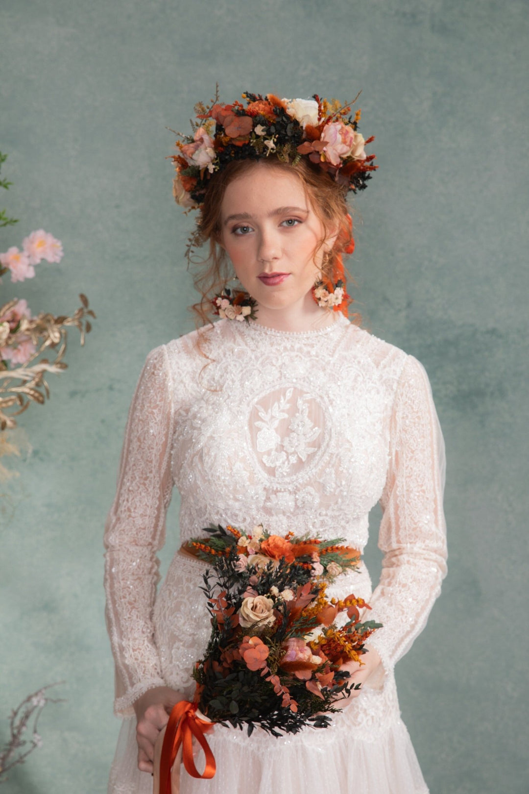 Terracotta Bridal Bouquet: Rustic Autumn Wedding, Boho Style – handmade floral hair accessory by magaela