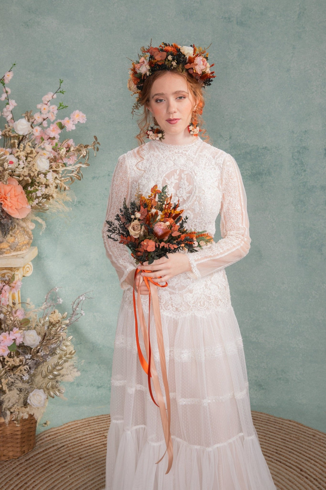 Terracotta Bridal Bouquet: Rustic Autumn Wedding, Boho Style – handmade floral hair accessory by magaela