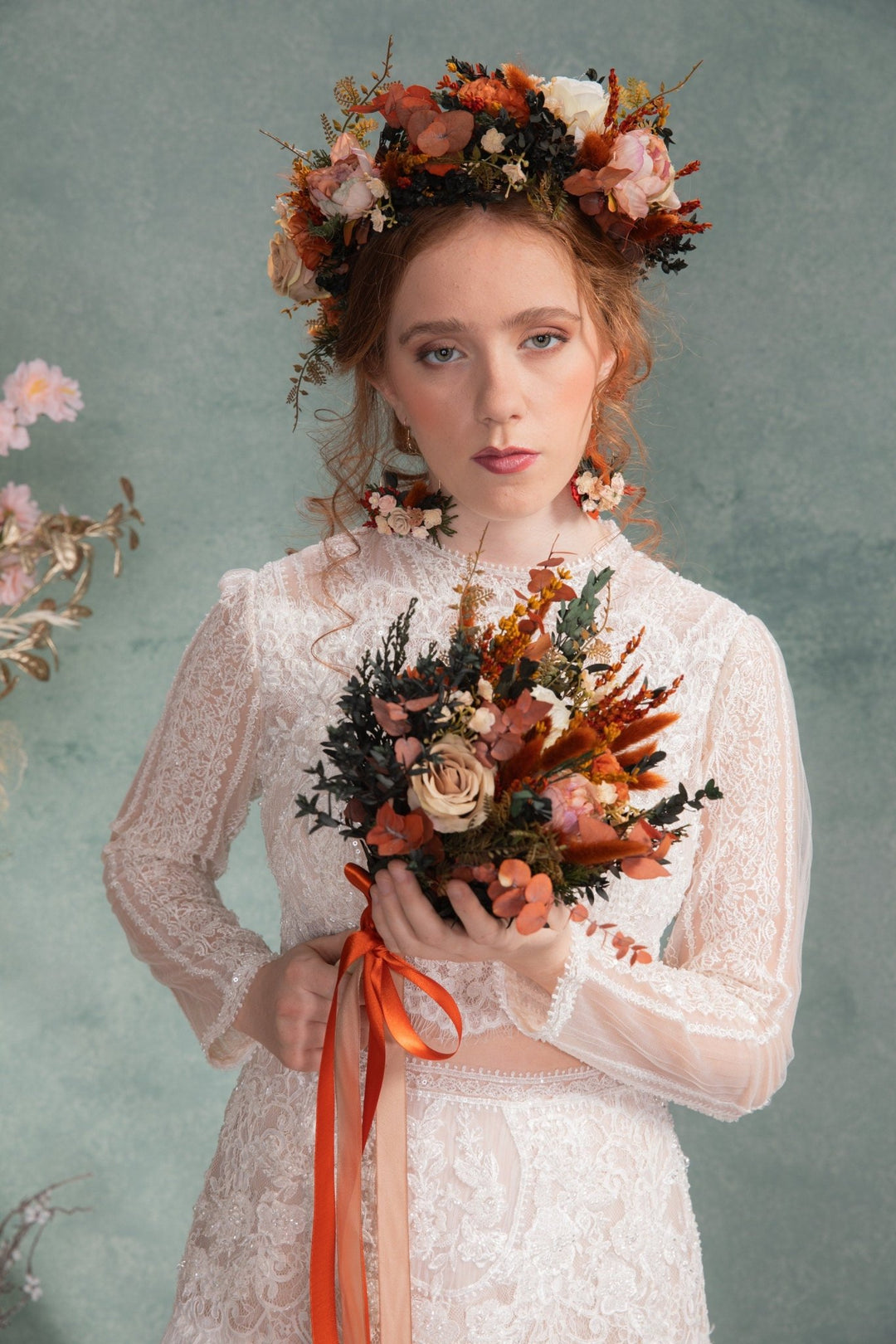 Terracotta Bridal Bouquet: Rustic Autumn Wedding, Boho Style – handmade floral hair accessory by magaela