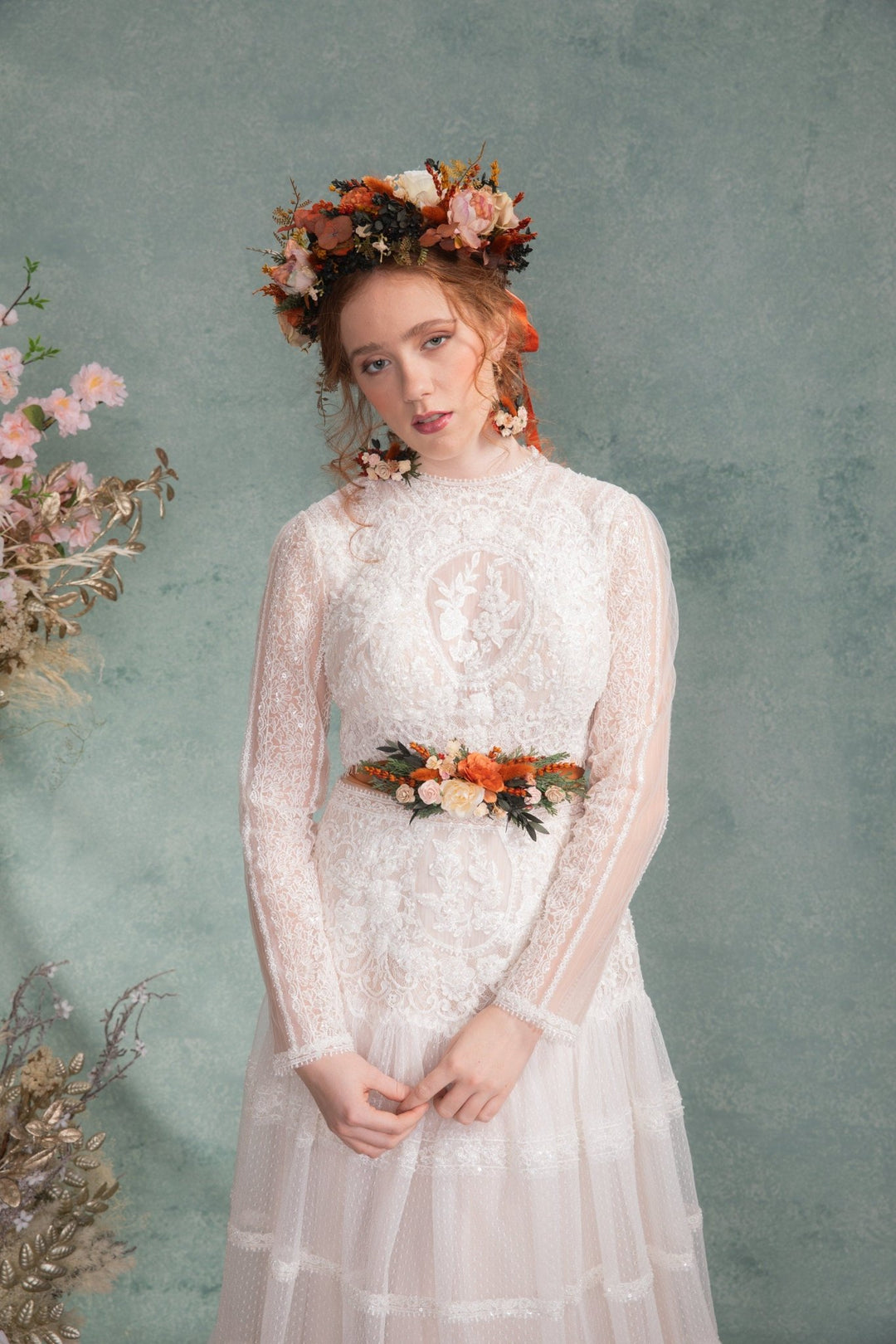 Boho Bridal Flower Crown: Terracotta Autumn Wedding Headpiece – handmade floral hair accessory by magaela