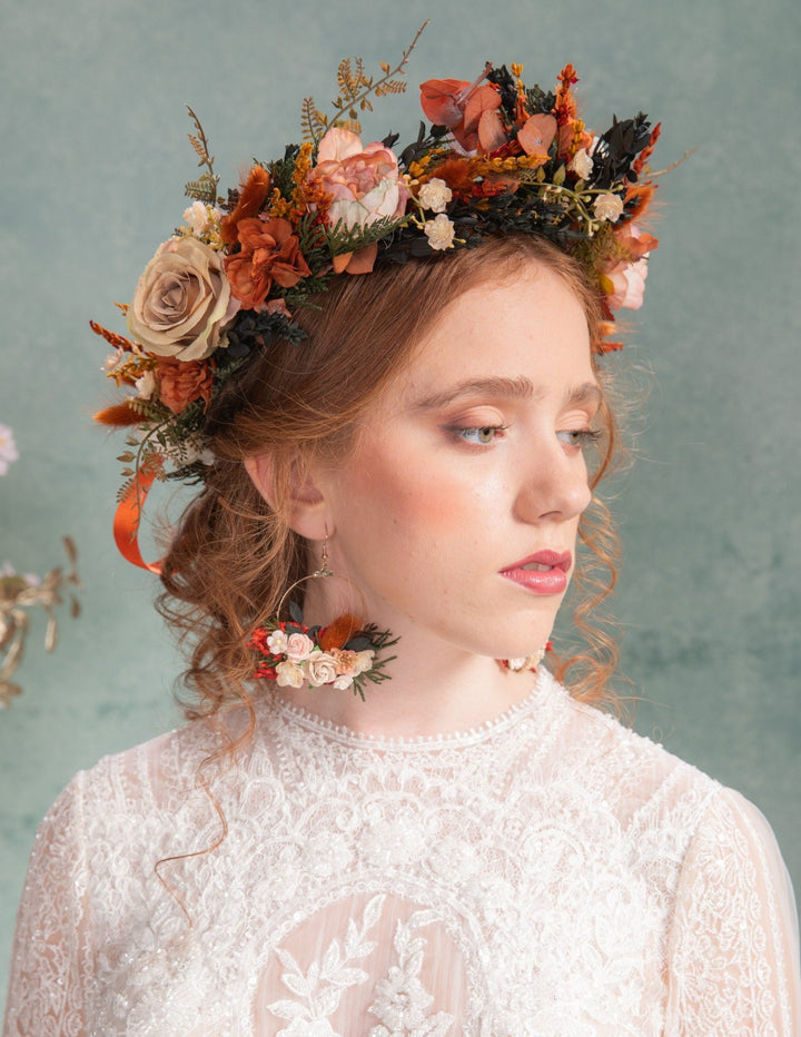 Boho Bridal Flower Crown: Terracotta Autumn Wedding Headpiece – handmade floral hair accessory by magaela