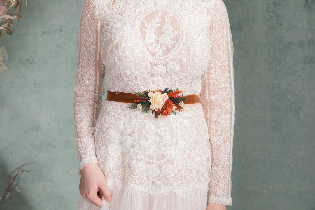 Terracotta Flower Bridal Belt: Orange Boho Wedding Dress Accessory – handmade floral hair accessory by magaela