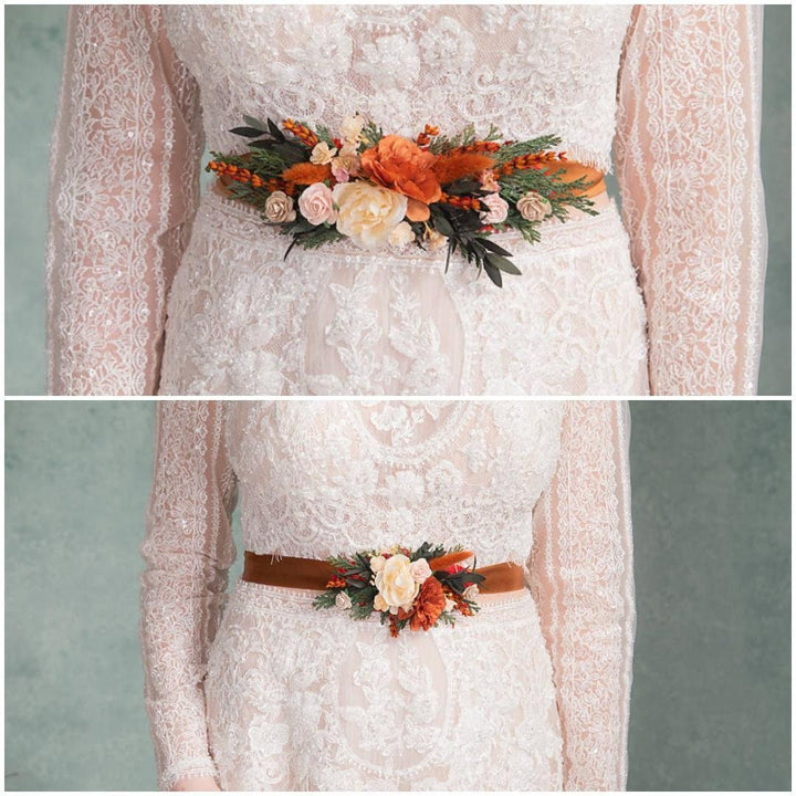 Terracotta Flower Bridal Belt: Orange Boho Wedding Dress Accessory – handmade floral hair accessory by magaela